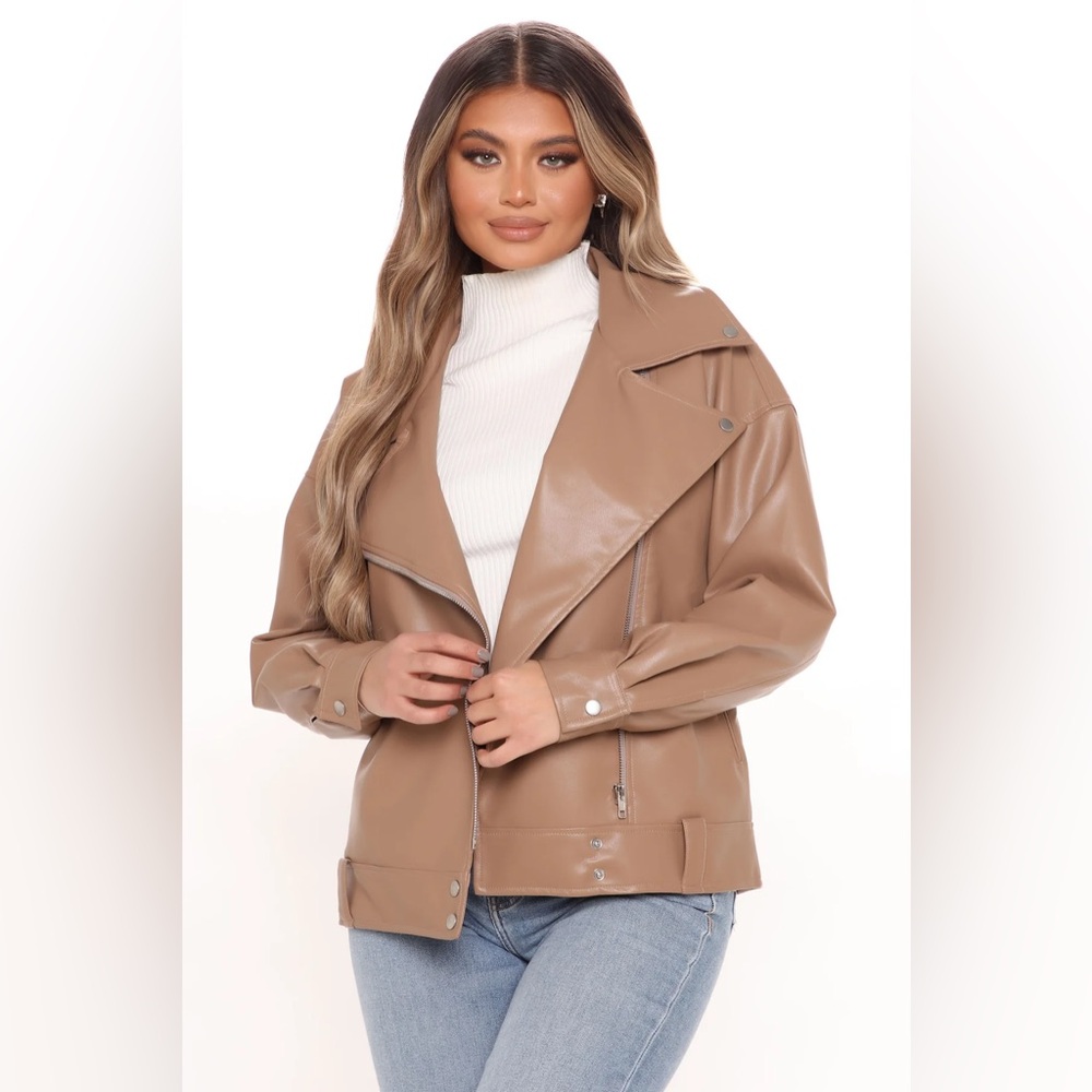 Fashion Nova Tan Faux Leather Moto Jacket